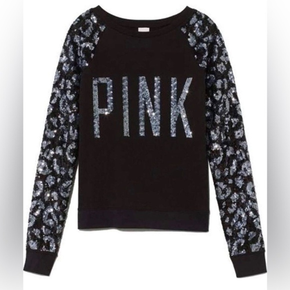 Victorias Secret PINK LEOPARD Sequins BLING LIMITED ED Crew Sweatshirt RARE S